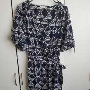 Navy and white faux wrap dress